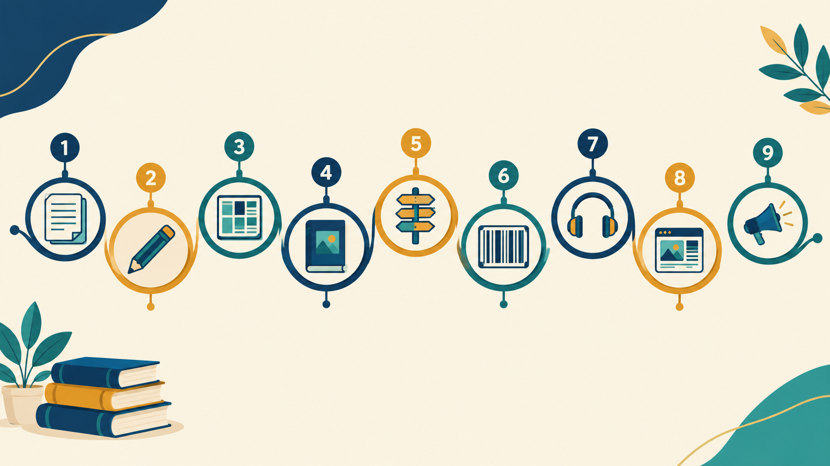Flat vector infographic showing a nine-step book publishing journey with numbered milestones, including manuscript, editing, page layout, book cover, signpost, barcode, headphones, website, and megaphone icons in navy, amber, teal, and cream.