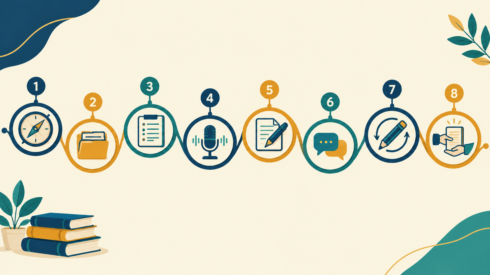 ight-step ghostwriting process infographic with numbered icons from discovery to manuscript handoff.