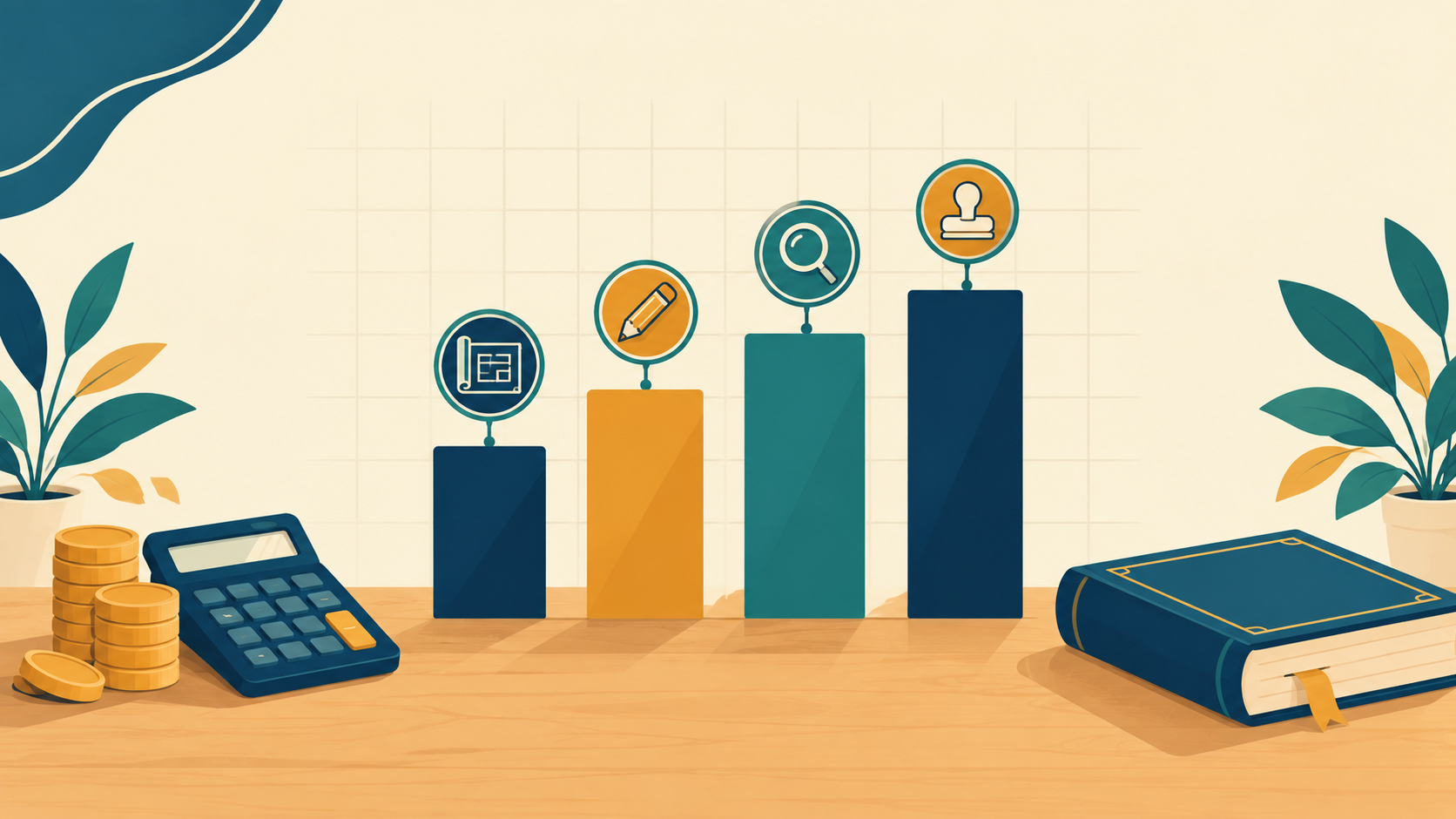 Flat vector infographic showing book editing costs with four bars, editing icons, coins, calculator, and a closed book.
