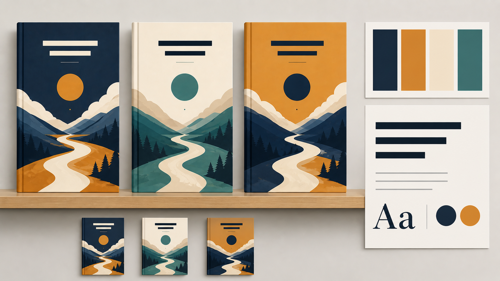 Three abstract book covers displayed side by side on a shelf with coordinated navy, amber, cream, and teal colors, alongside a color palette and typography board.